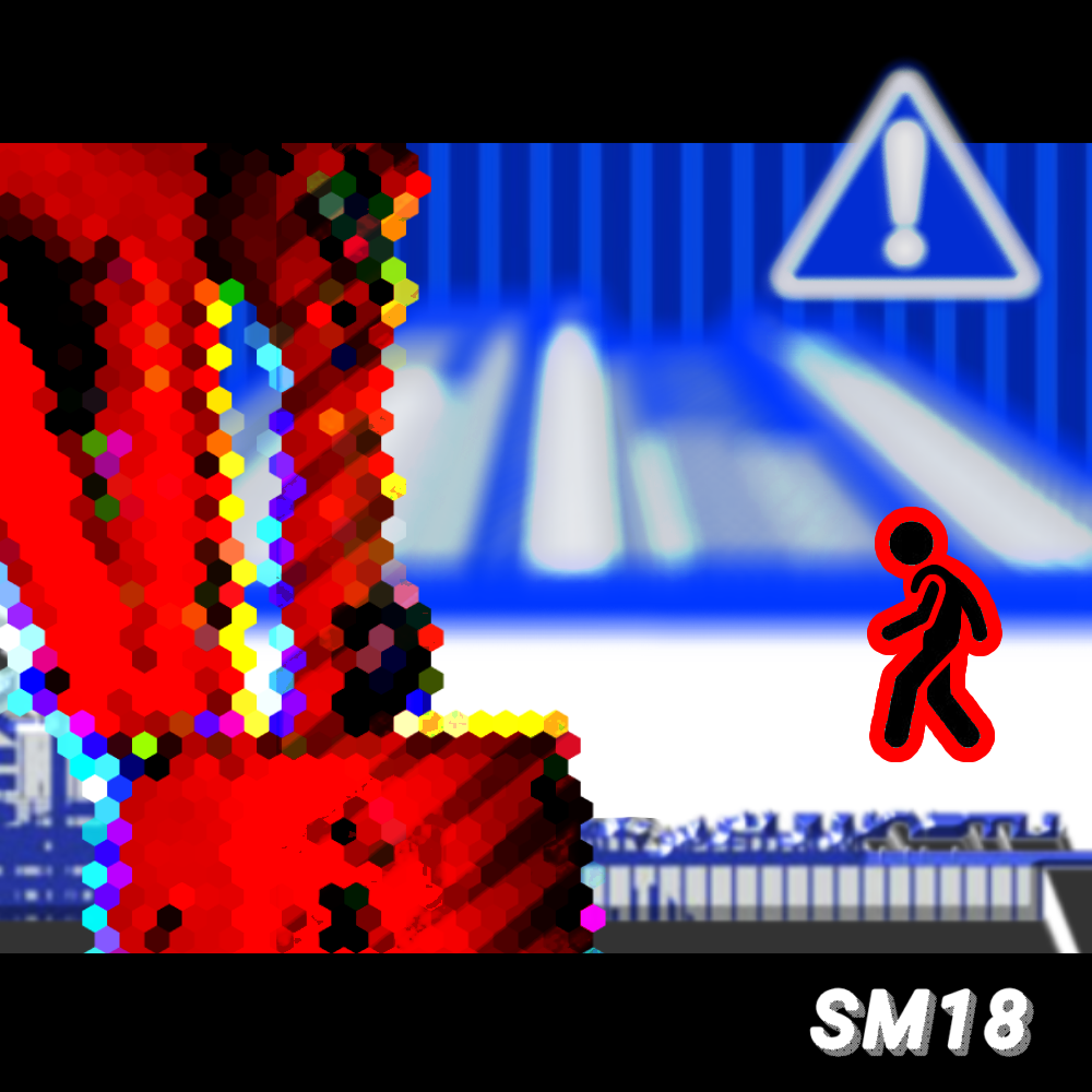 Square digital artwork with red structures, warning signage, blue corridor and walking figure.