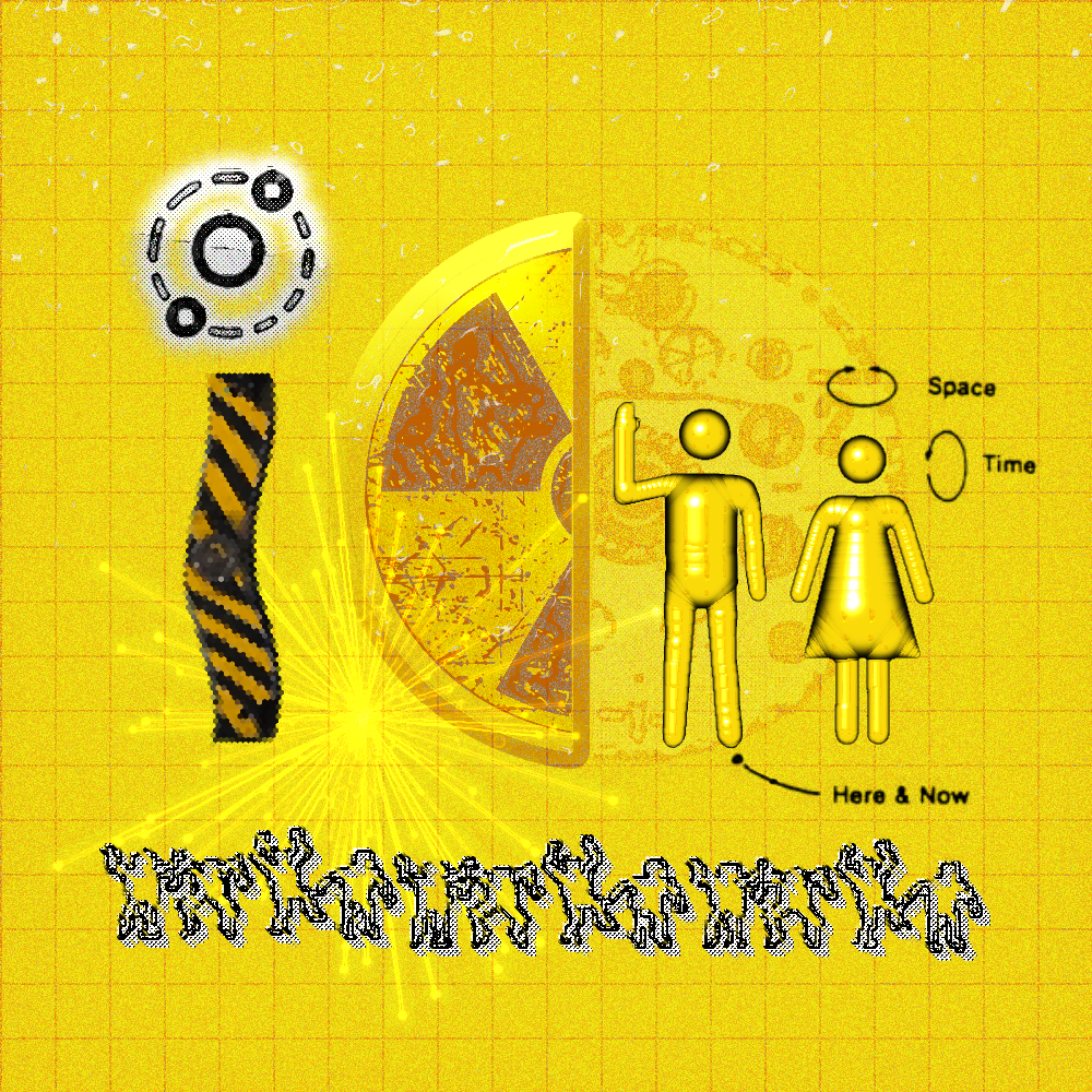 Square yellow digital collage with diagrams, humanoid figures, and space-time text.