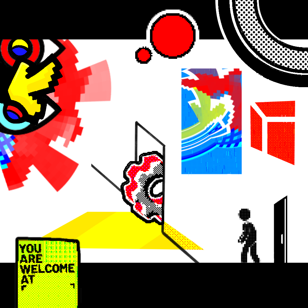 Square graphic white interior scene with red, yellow, blue and black abstract elements.