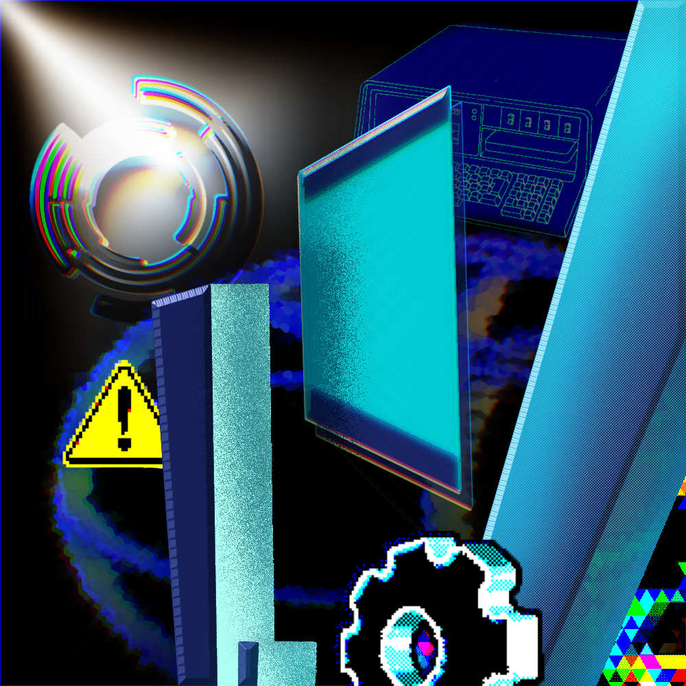 Square cybernetic blue scene with panels, gear, warning symbol and glowing optical form.