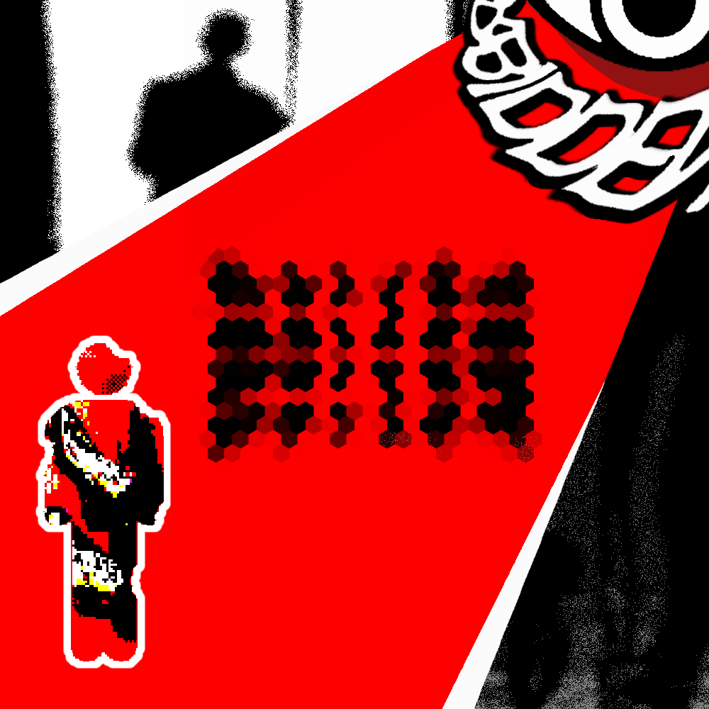 Square red and black graphic work with shadow figure and large pixelated text.
