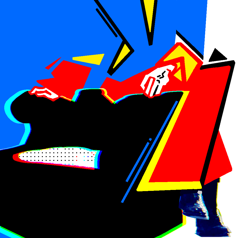 Square primary-color angular composition with hands, shoe, red yellow and blue planes.