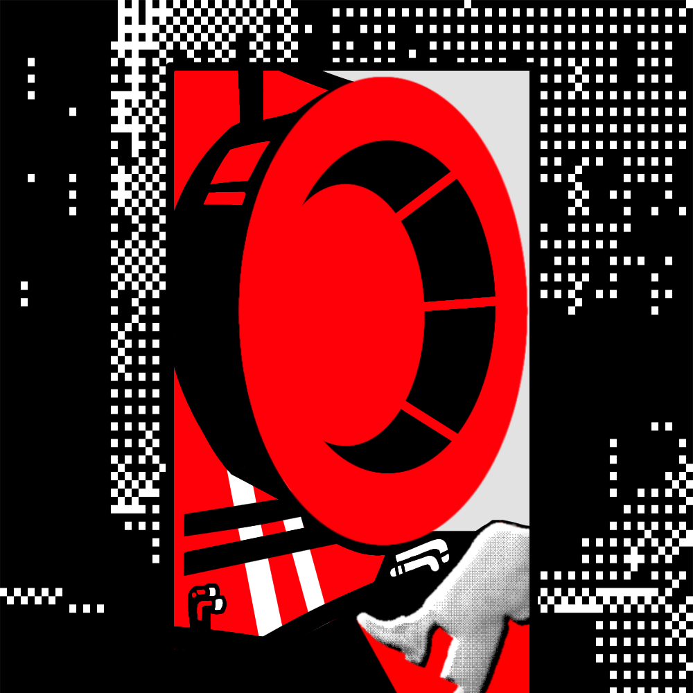 Square black, white and red abstract composition with halftone grid and large circular form.