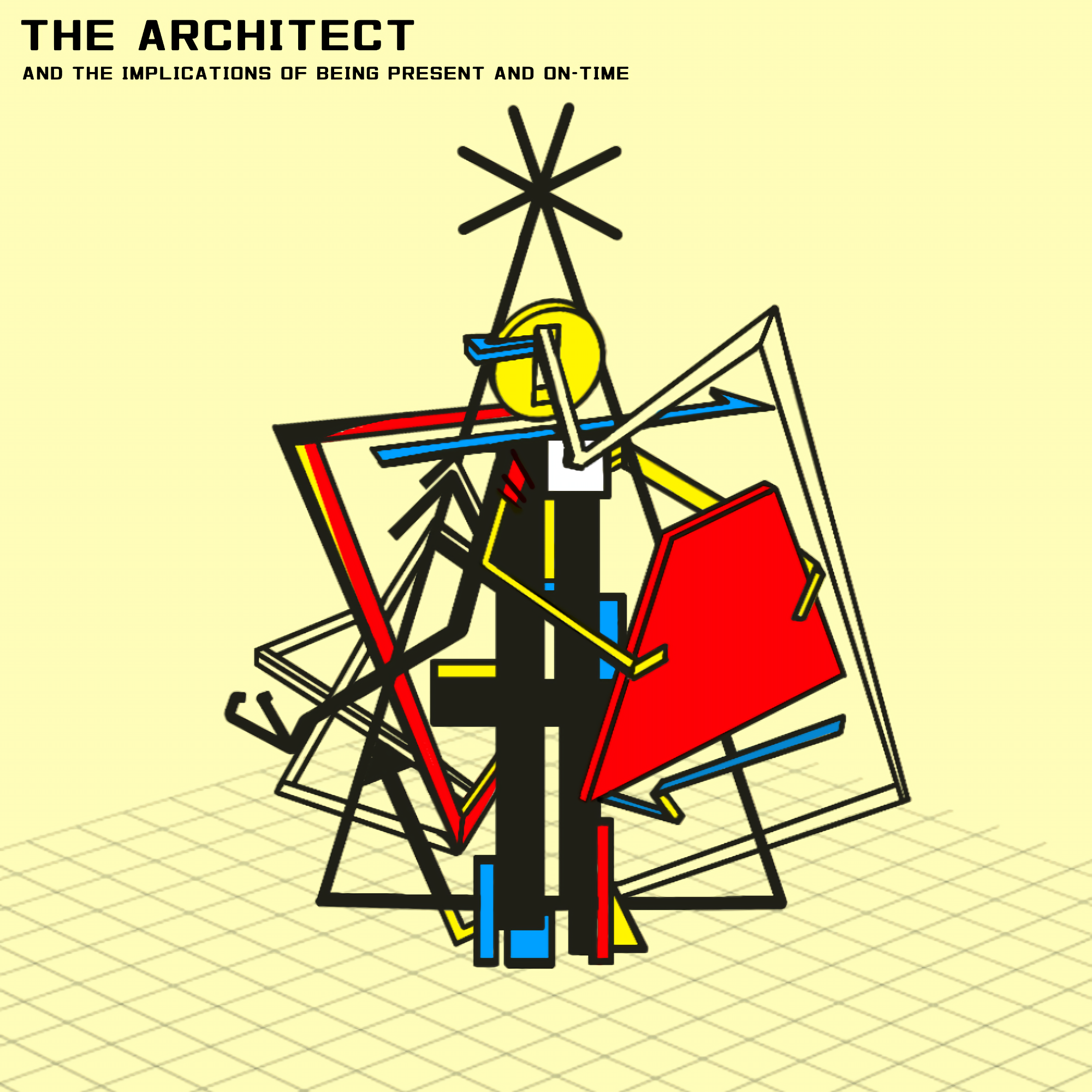 Square digital painting titled The Architect, with an isometric grid, primary red yellow and blue planes, black structural lines and a constructed humanoid form.