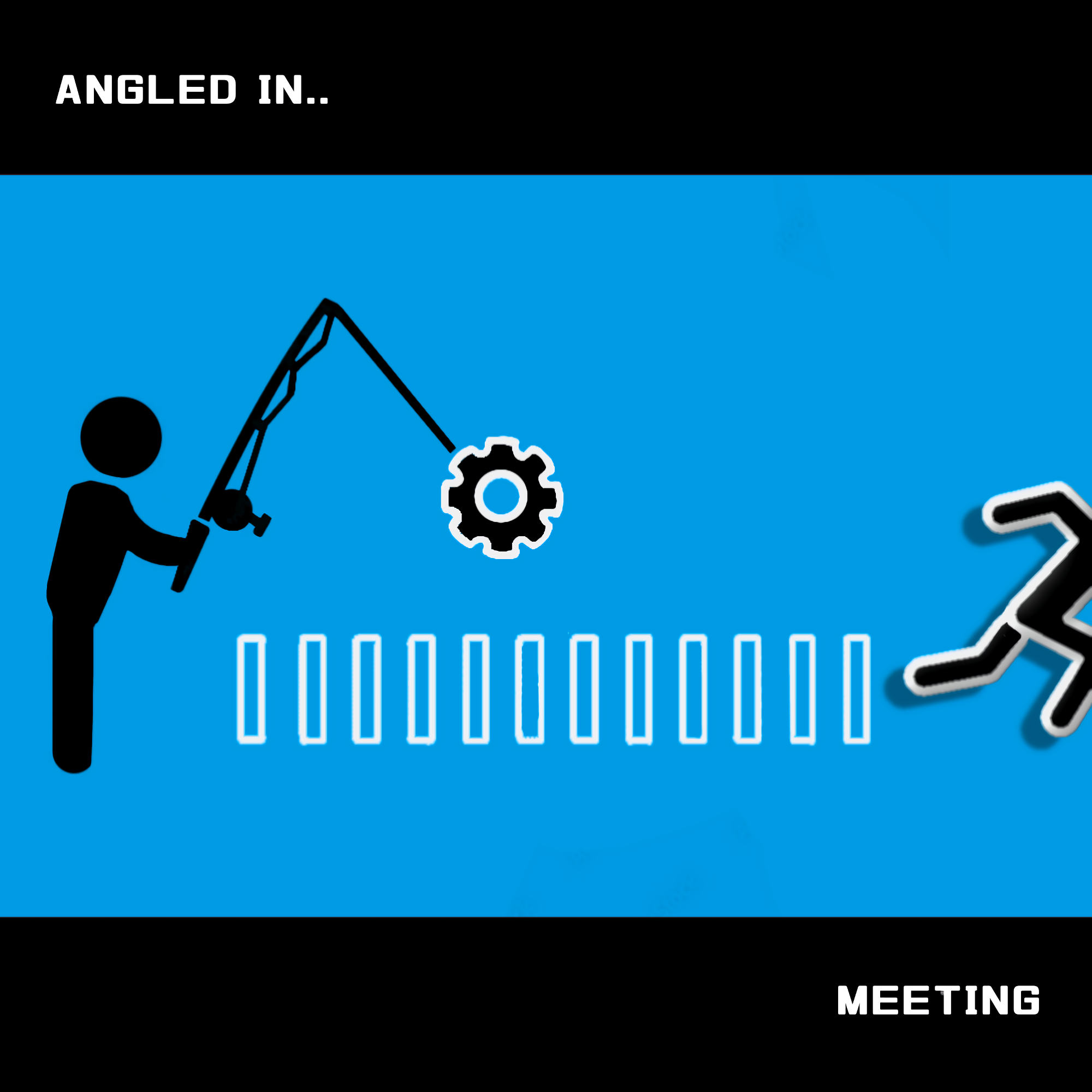 Square blue and black digital painting with a stick figure fishing for a gear, white rectangular marks and a running figure entering from the side.