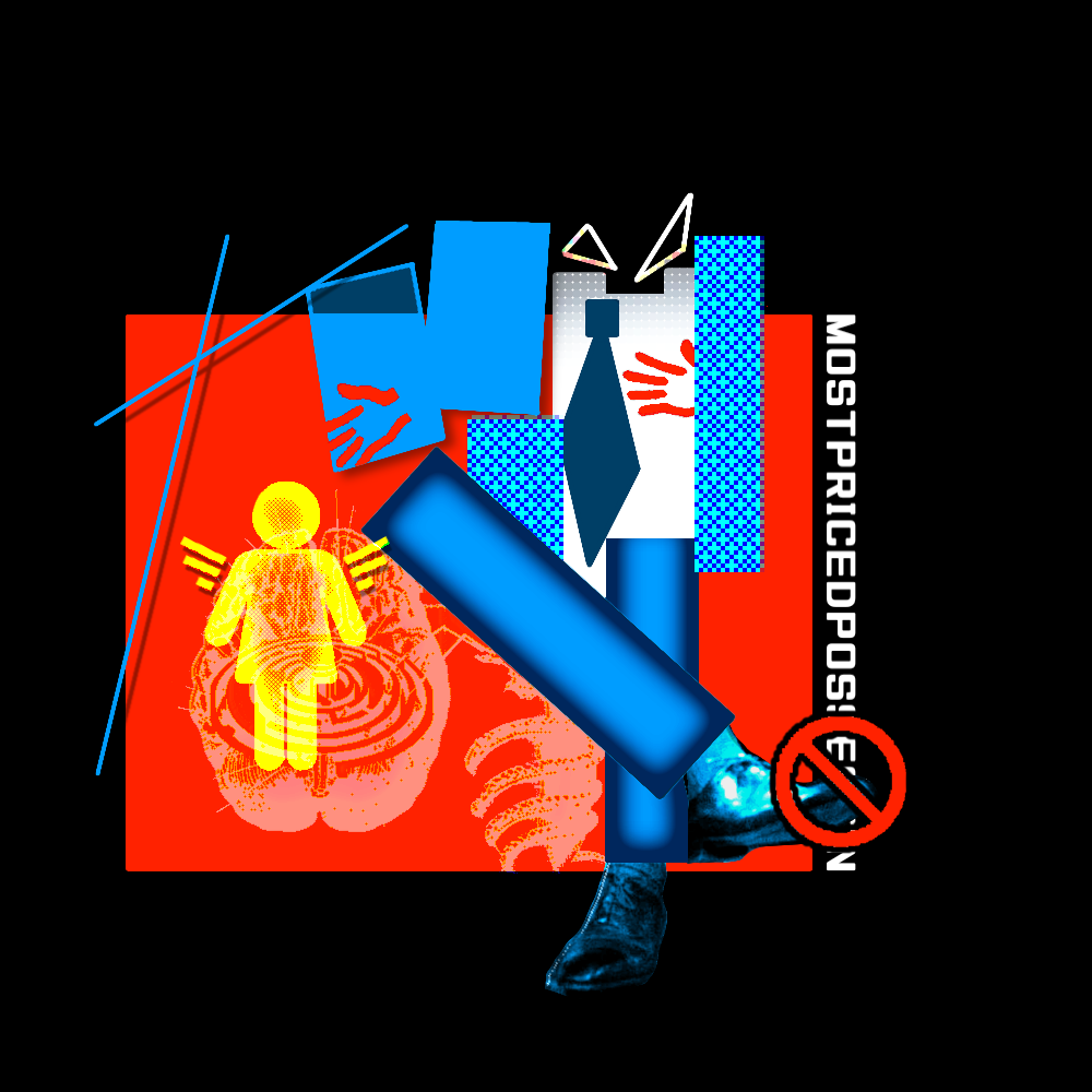 Square digital collage with red field, blue geometric structures, warning graphics, fragmented body parts and a glowing human figure.