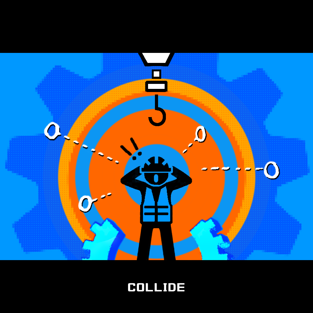 Square digital painting with a worker figure, industrial hook, target rings and mechanical gears.