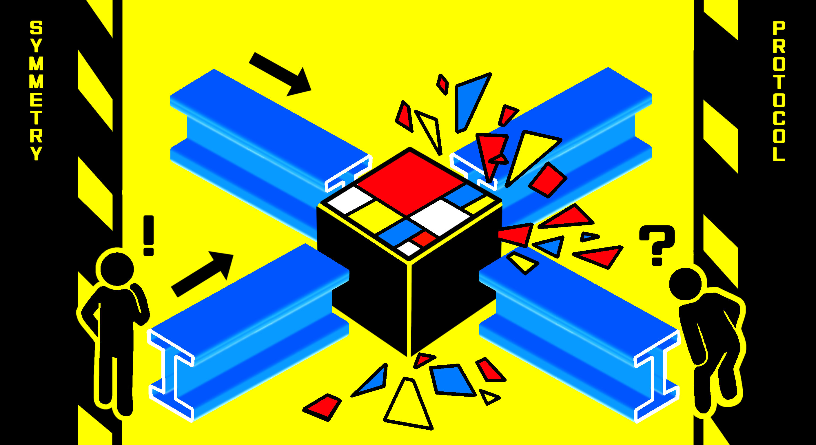 Landscape digital painting with symmetry protocol text, blue collider beams, figures, and fractured geometric forms.