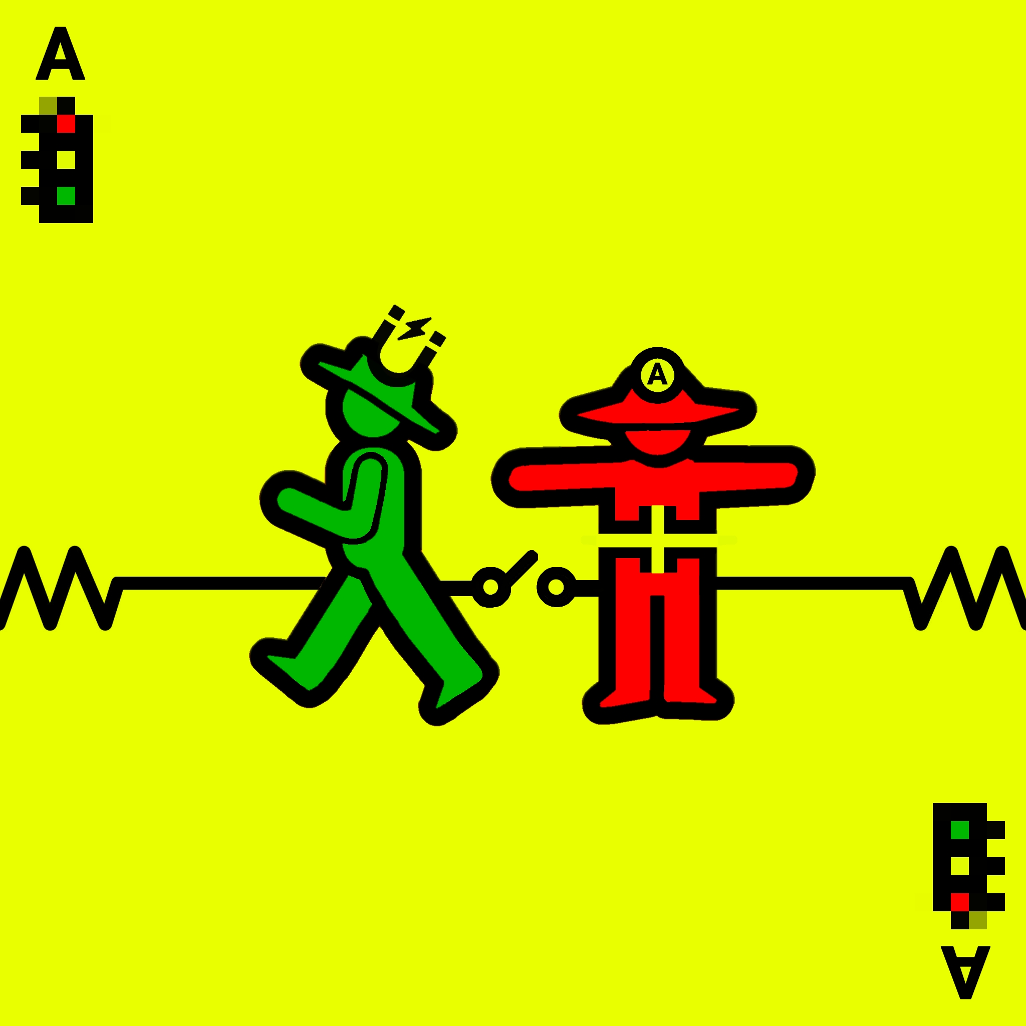Yellow, blue, red and black graphic artwork showing a crane, road signs, pictograms and electrical plug symbols.
