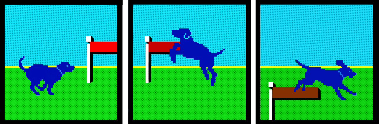Three-panel pixel-art sequence of a blue dog approaching, jumping over, and passing a red-brown obstacle in a bright green landscape.