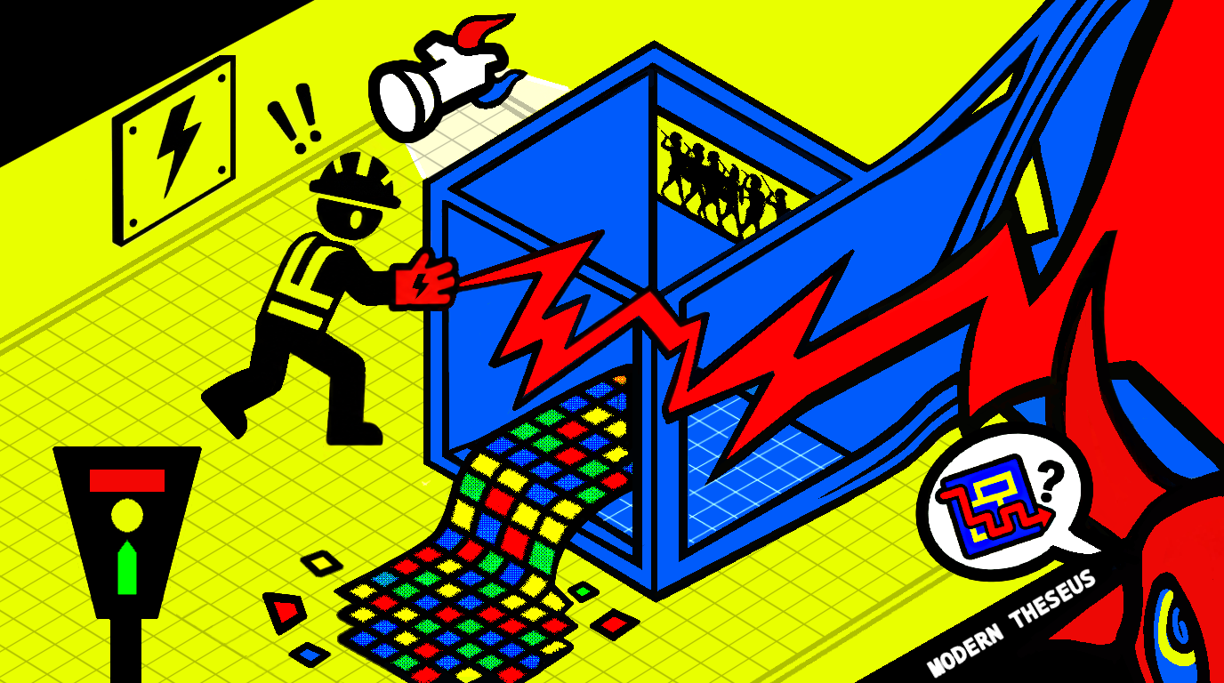 Landscape digital painting titled Modern Theseus, showing an electrical worker, a blue machine-like labyrinth, warning graphics and a Minotaur labyrinth signal.