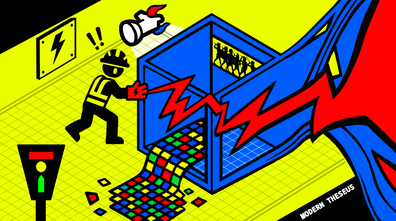 Landscape digital painting titled Modern Theseus, showing an electrical worker, a blue machine-like labyrinth and warning graphics, without the Minotaur signal.