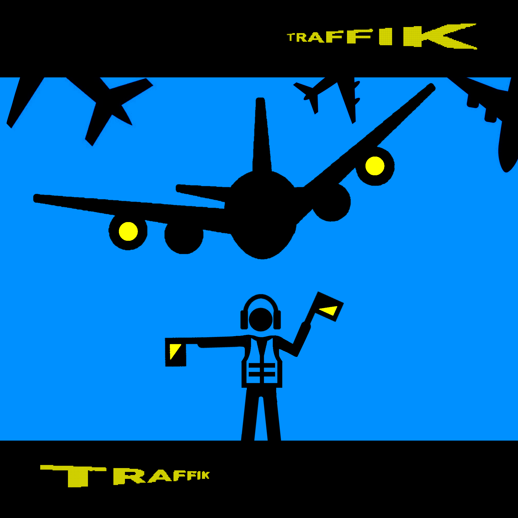 Blue, black and yellow graphic artwork showing aircraft silhouettes, a large central plane and an airport ground marshal.