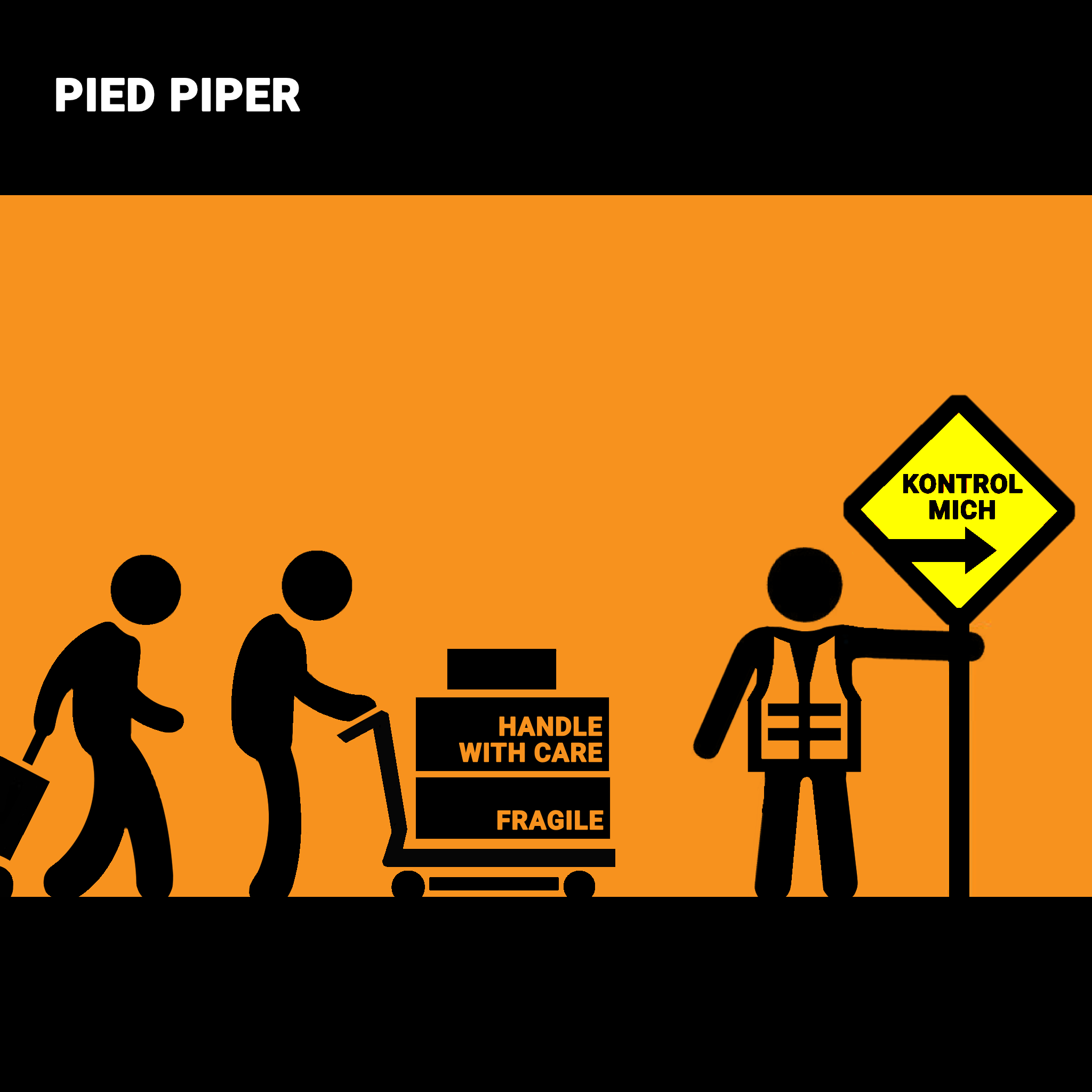 Orange, black and yellow graphic artwork showing workers moving a fragile package beside a traffic-control sign.