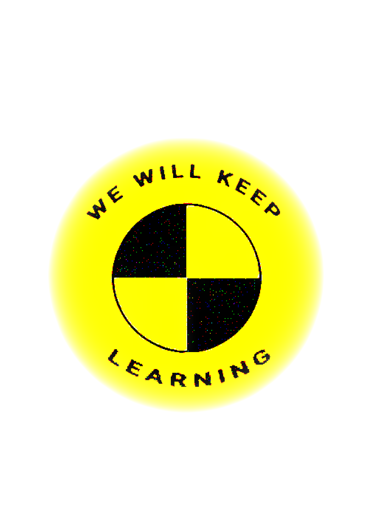 White zine page with yellow circular symbol and the words We Will Keep Learning.