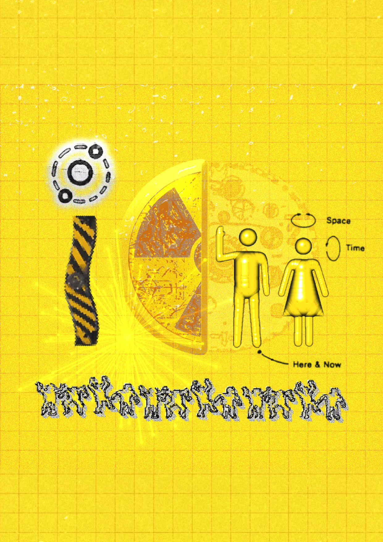 We Are Made of Stardust zine cover with yellow grid, human figures, space and time diagrams.