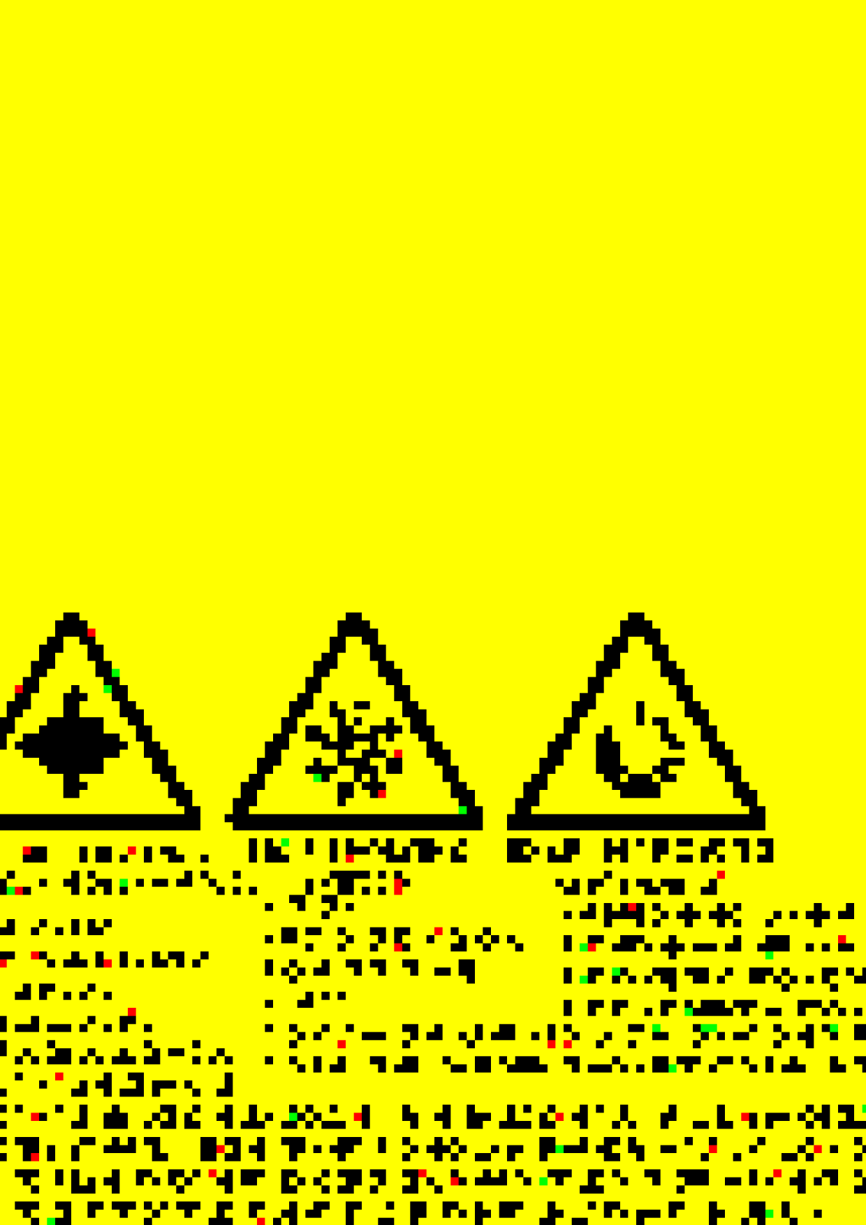 Yellow zine page containing pixelated warning symbols and fragmented digital text.